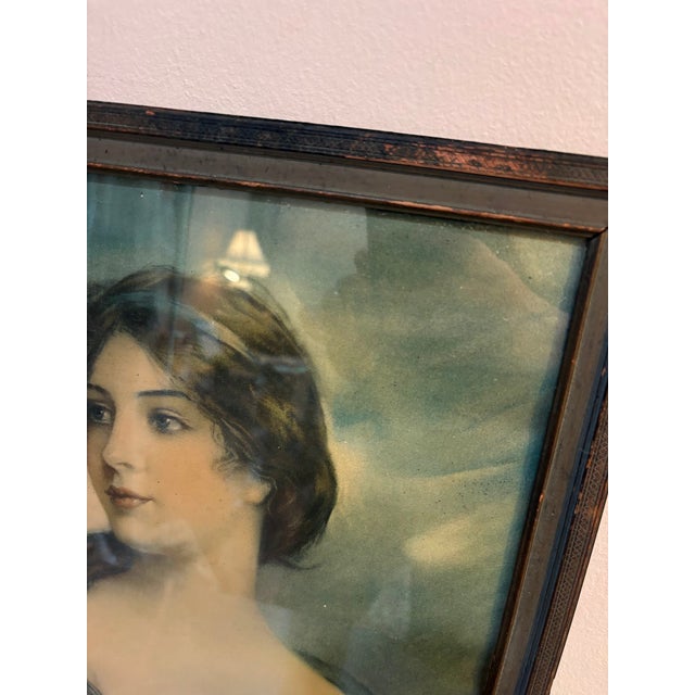 Haskell Cottin victorian-style woman portrait print in wood frame. Some slight fading to colors throughout as shown....