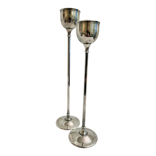Vintage 1970’s Italian Silver Plate Tall Candleholders With a Set of 12 Candles For Sale