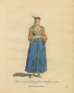 Jefferys, Greek Lady of Pera, Ottoman Costume, Hand-Colored Engraving, 1749