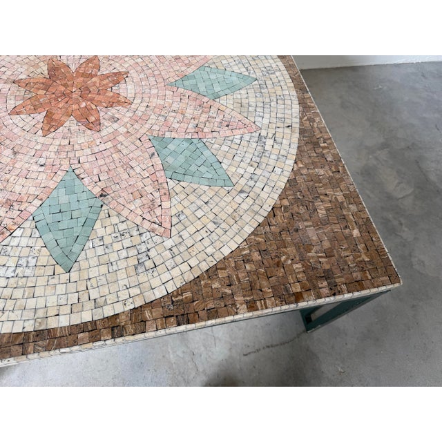 1980s 1980’s Vintage Floral Medallion Design Mosaic Top Coffee Table With Green Painted Iron Base/Sold For Sale - Image 5 of 12