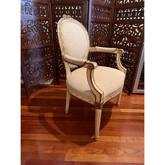 Vintage 1940s Louis XVI French Revival Neoclassical Giltwood Bow-Crest Armchair For Sale - Image 4 of 11
