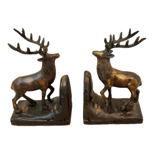 Vintage 'Ralph Lauren Style' Sculptural Bronze-Clad Cast Iron Elk, Stag, Deer With Antlers Bookends- A Pair