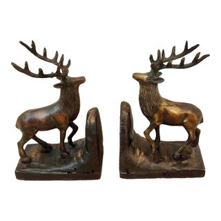 Vintage Sculptural Bronze-Clad Cast Iron Elk, Stag, Deer With Antlers Bookends- A Pair For Sale