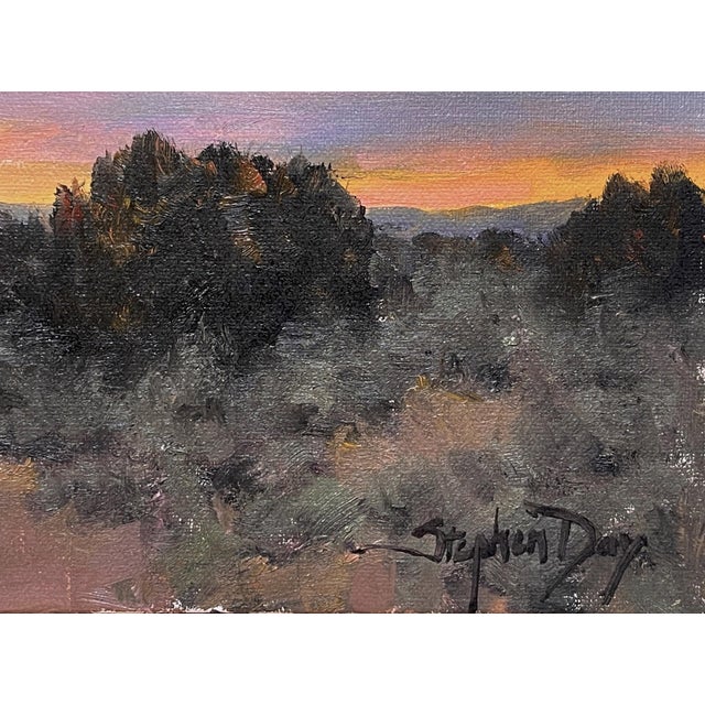This oil on panel artwork captures a serene twilight landscape, where soft hues of pink and orange blend seamlessly into...