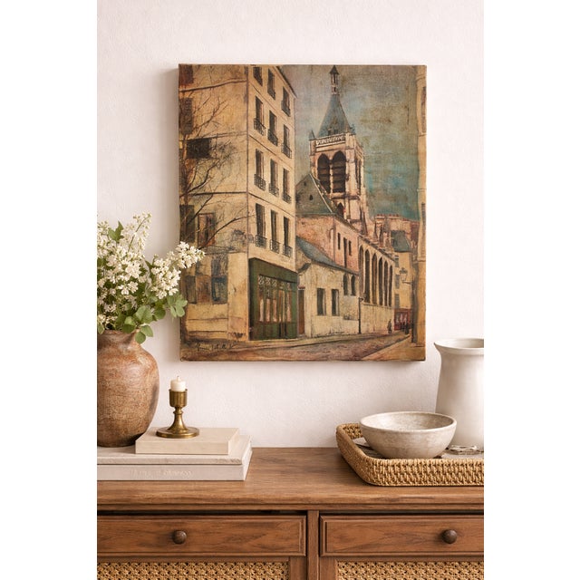 Vintage Mid Century canvas print after Maurice Utrillo captures a quiet Paris street with classic European architecture...