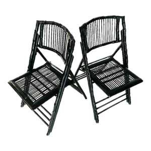 Vintage Chinoiserie Black Bamboo Folding Chairs- a Pair