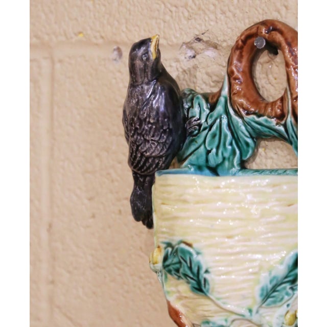 Green 19th Century French Barbotine Wall Pocket With Bird Motif and Oak Leaves For Sale - Image 8 of 12