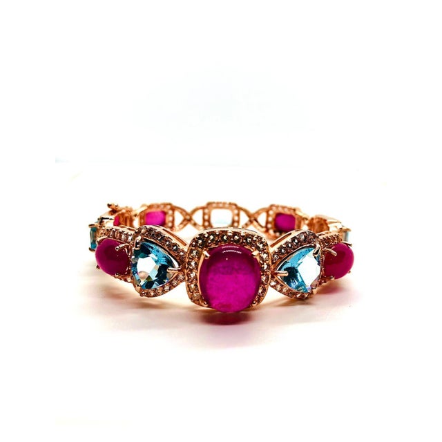 Traditional Bochic “Capri” Ruby, Sapphire & Multi-Gem Cabochon Vintage Bangle - 18K Gold & S For Sale - Image 3 of 11