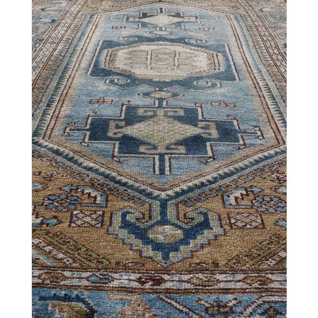 Tribal Persian Antique Malayer Rug With Geometric Design in Blue's & Brown's For Sale - Image 3 of 12