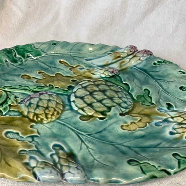 Art Nouveau Antique French Art Nouveau Asparagus Artichoke Dish Platter Server Majolica Late 19th Century For Sale - Image 3 of 8