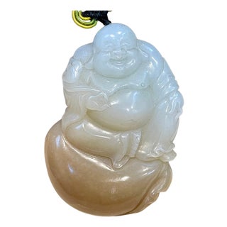 Certified Vintage Carved Jade Laughing Buddha Large Pendant / Necklace / Hanging For Sale