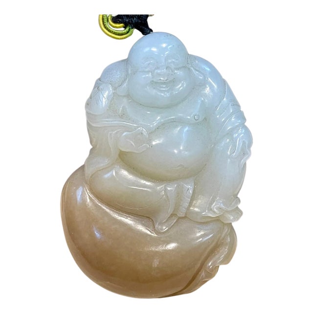 Certified Vintage Carved Jade Laughing Buddha Large Pendant / Necklace / Hanging For Sale