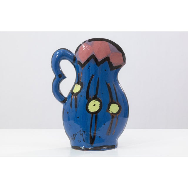 Postmodern Kathryn Youngs Flat Pitcher Ceramic Vase 1990 Signed Hand Painted Art Pottery For Sale - Image 3 of 9
