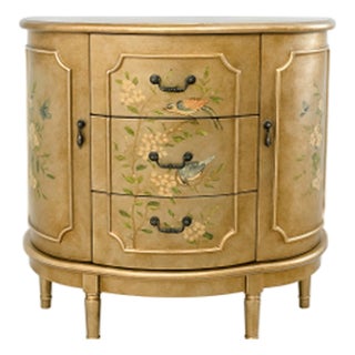 Late 20th Century Hand-Painted Gold Demilune Cabinet With Birds & Flowers For Sale