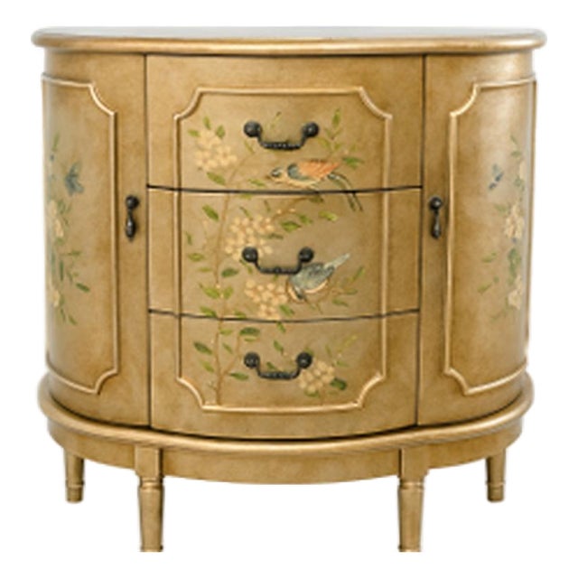 Late 20th Century Hand-Painted Gold Demilune Cabinet With Birds & Flowers For Sale