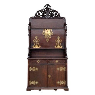 Arts & Crafts Oak Sideboard With Dry Bar Top and Cupboard in Oak, Bronze & Brass For Sale
