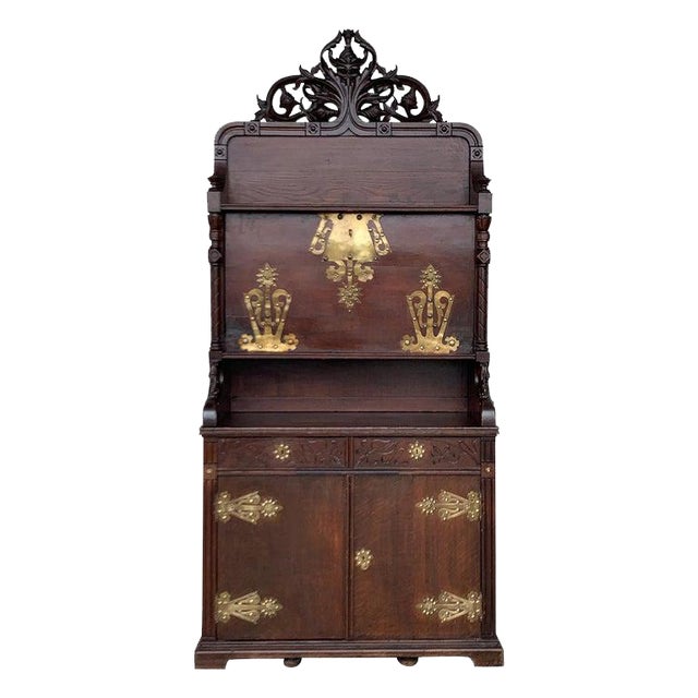Arts & Crafts Oak Sideboard With Dry Bar Top and Cupboard in Oak, Bronze & Brass For Sale