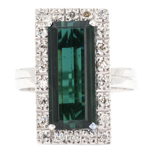 Mid 20th Century Pt 900 Natural Green Tourmaline and Natural Diamond Ring, Size 8.5