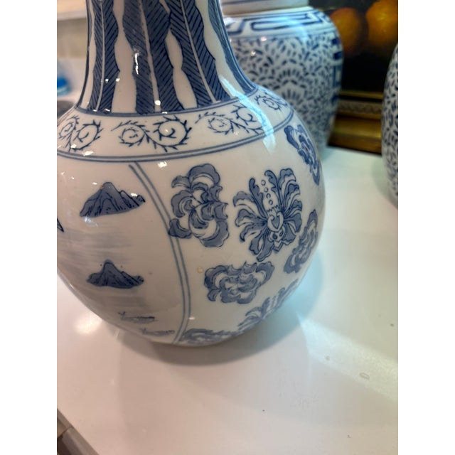 Vintage Blue & White Chinese Porcelain Chinoiserie Vase With Pagoda Landscape Motifs For Sale - Image 10 of 13