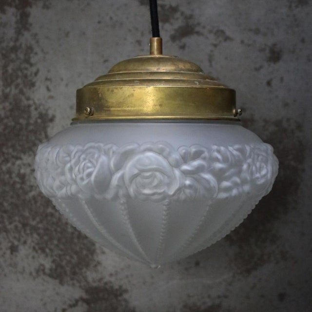 Mid-Century Modern Vintage Industrial Frosted Glass and Brass Pendant Lamp For Sale - Image 3 of 9