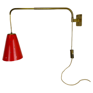 Adjustable Red Counter Weight Wall Light in Brass in the Style of Stilnovo, Italy, 1960s
