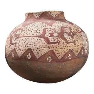 Antique Indonesian Polychrome Wood Fired Terracotta Pot With Lizard Detail For Sale