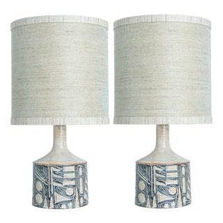 Large Grey Ceramic Table Lamps with Silk Shades from Soholm, Denmark, 1960s, Set of 2 For Sale