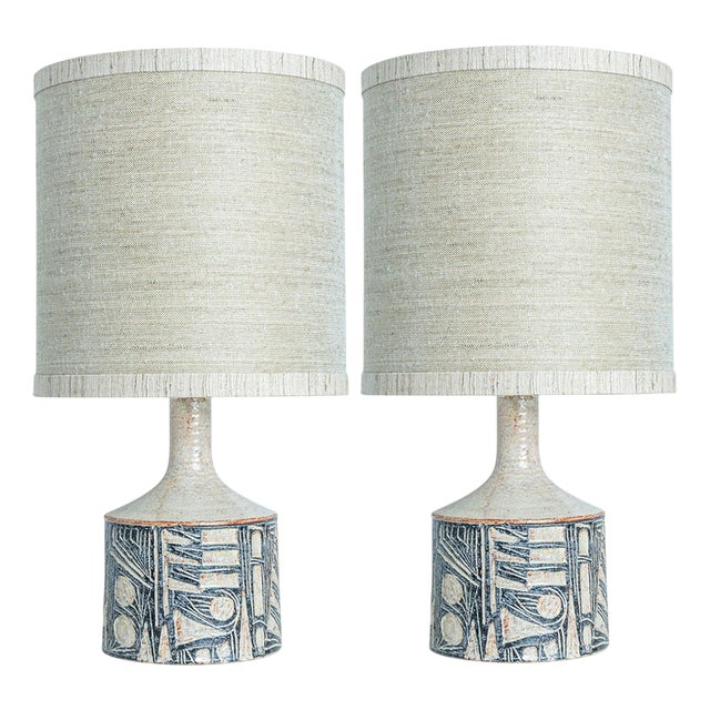 Large Grey Ceramic Table Lamps with Silk Shades from Soholm, Denmark, 1960s, Set of 2 For Sale