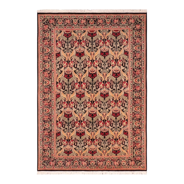 Ikat Floral 1990's Pak-Persian Black/Red Wool Rug - 6'0'' X 9'5'' For Sale
