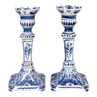 Vintage Dutch Delft Faience Candlesticks - a Pair For Sale