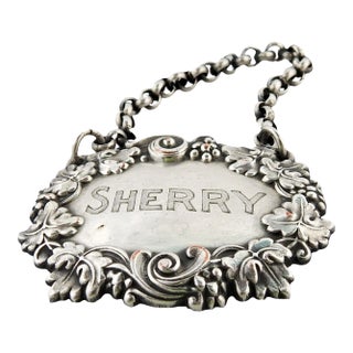 Vintage Silver on Copper Sherry Hanging Liquor Tag With Grapes For Sale