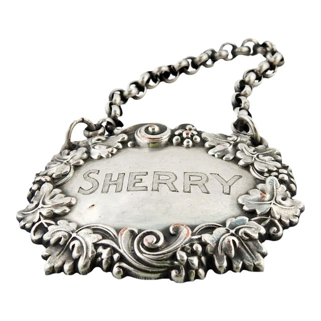 Vintage Silver on Copper Sherry Hanging Liquor Tag With Grapes For Sale