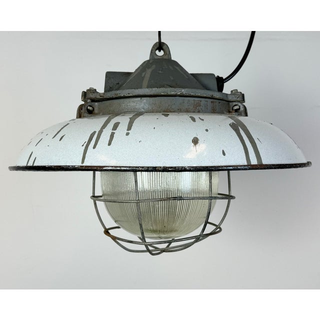 Glass Industrial Grey Enamel Factory Cage Pendant Lamp in Cast Iron from Zaos, 1960s For Sale - Image 7 of 18