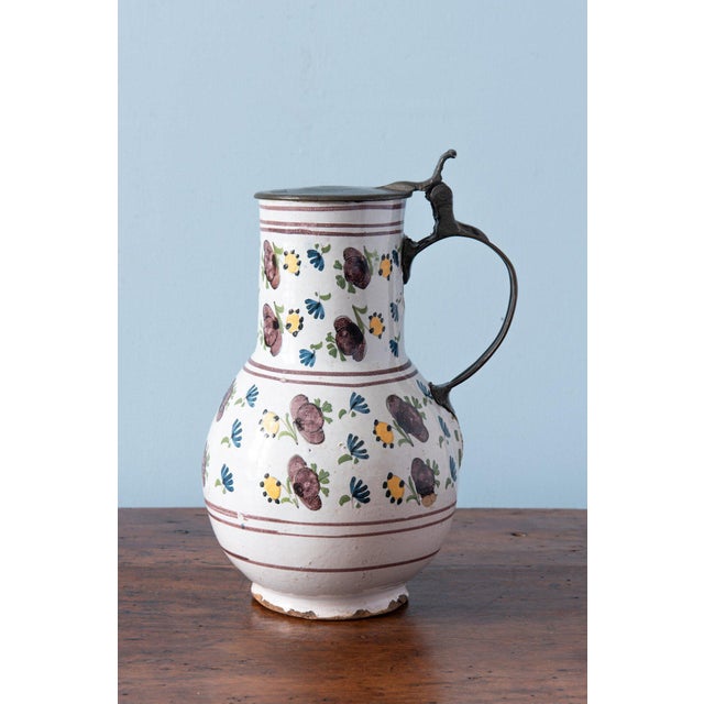 Pewter-Mounted Floral Jug from Brussels Faience, Late 18th Century For Sale - Image 5 of 11