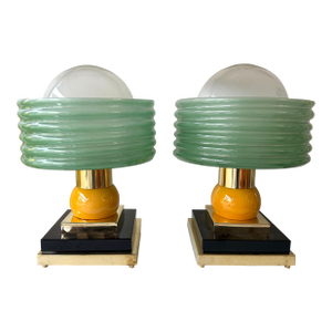Contemporary Pair of Brass and Green Murano Glass Wave Shades Lamps, Italy