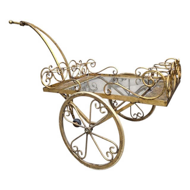 Mid 20th Century Hollywood Regency Gilt Iron Tea/Bar Cart on Wheels For Sale