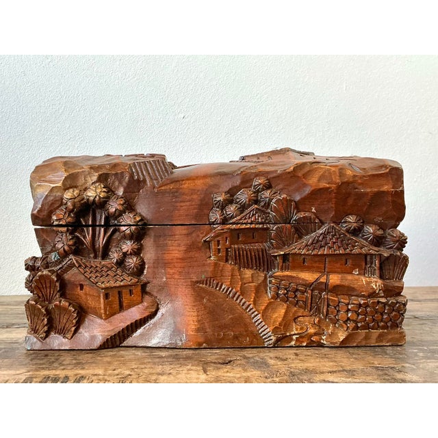 Vintage Hand Carved Asian Landscape Wood Box For Sale - Image 10 of 12