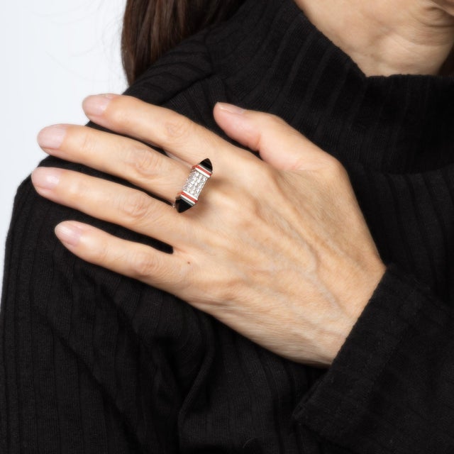 70s Vintage Diamond Cube Ring Onyx Enamel Sz 7 Platinum Fine Estate Jewelry For Sale In Los Angeles - Image 6 of 6