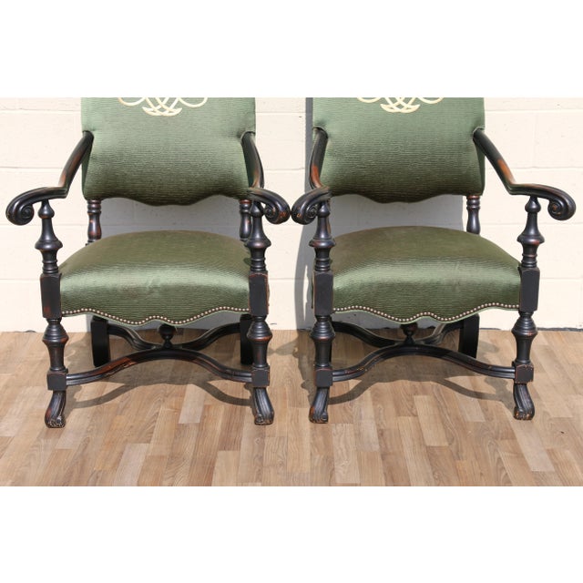 Textile Pair of Antique High Back Throne Armchairs | Green Upholstery & Gold Monogram | Early 20th Century For Sale - Image 7 of 18