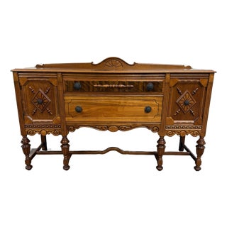 Vintage American Jacobean Tudor Revival Walnut Buffet Sideboard Server For Sale