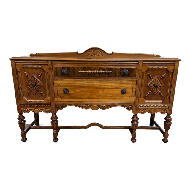 Vintage American Jacobean Tudor Revival Walnut Buffet Sideboard Server For Sale