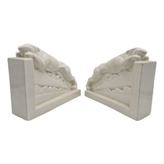 Art Deco Bookends Depicting Panthers in Craquele Ceramic by Charles Lemanceau for Saint Clement, France, 1940s, Set of 2 For Sale