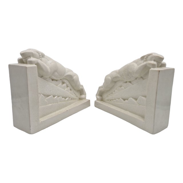 Art Deco Bookends Depicting Panthers in Craquele Ceramic by Charles Lemanceau for Saint Clement, France, 1940s, Set of 2 For Sale