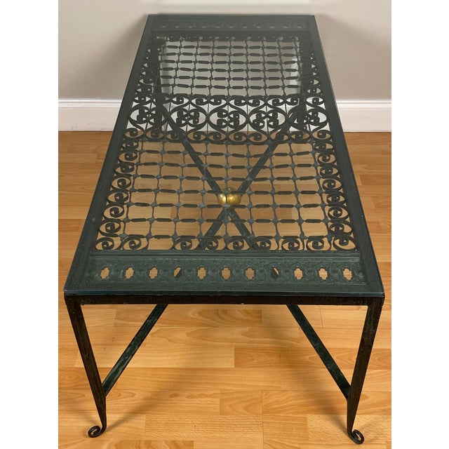 Elegant Wrought Iron Coffee Table With Glass Top and Gilt Accent For Sale - Image 4 of 12