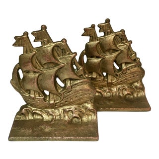 Pair of Vintage Brass Bookends of Sailing Ships For Sale