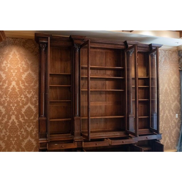 Monumental Carved Walnut English Victorian Two Piece Breakfront Bookcase For Sale - Image 9 of 9