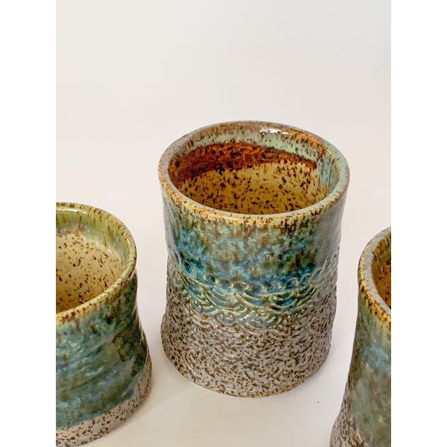 Teal Artisan Speckled Studio Pottery Mugs - Set of 4 For Sale - Image 8 of 12
