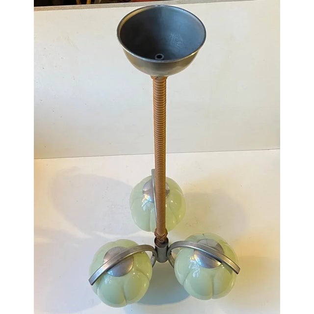 Bauhaus 3-Armed Functionalist Ceiling Lamp with Light Green Shades, Germany, 1930s For Sale - Image 3 of 12