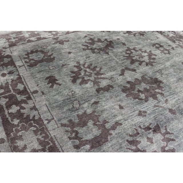 Brown Modern Hand Knotted Oushak Rug in Wool With Sub-Geometric Design in Green and Brown For Sale - Image 8 of 13