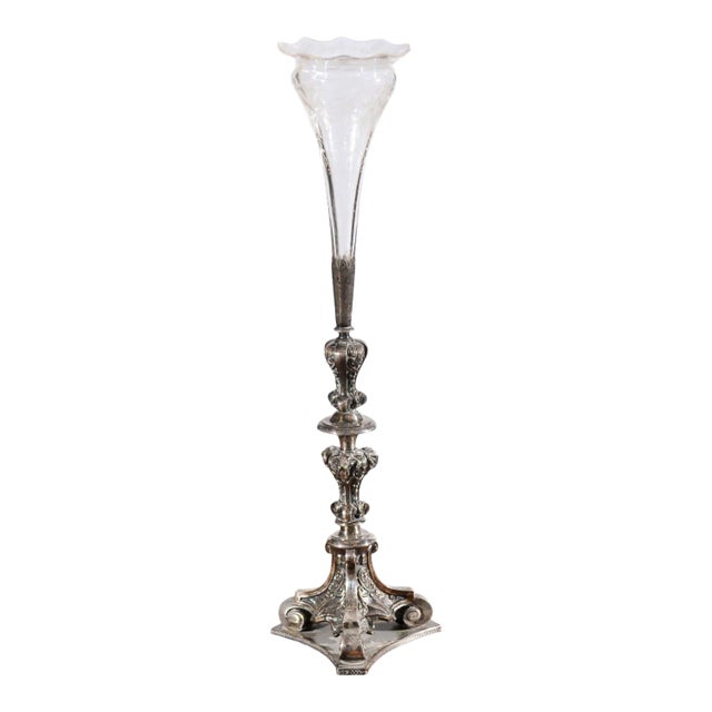 19th Century English Late Victorian Epergne with Silver Base and Crystal Vase For Sale